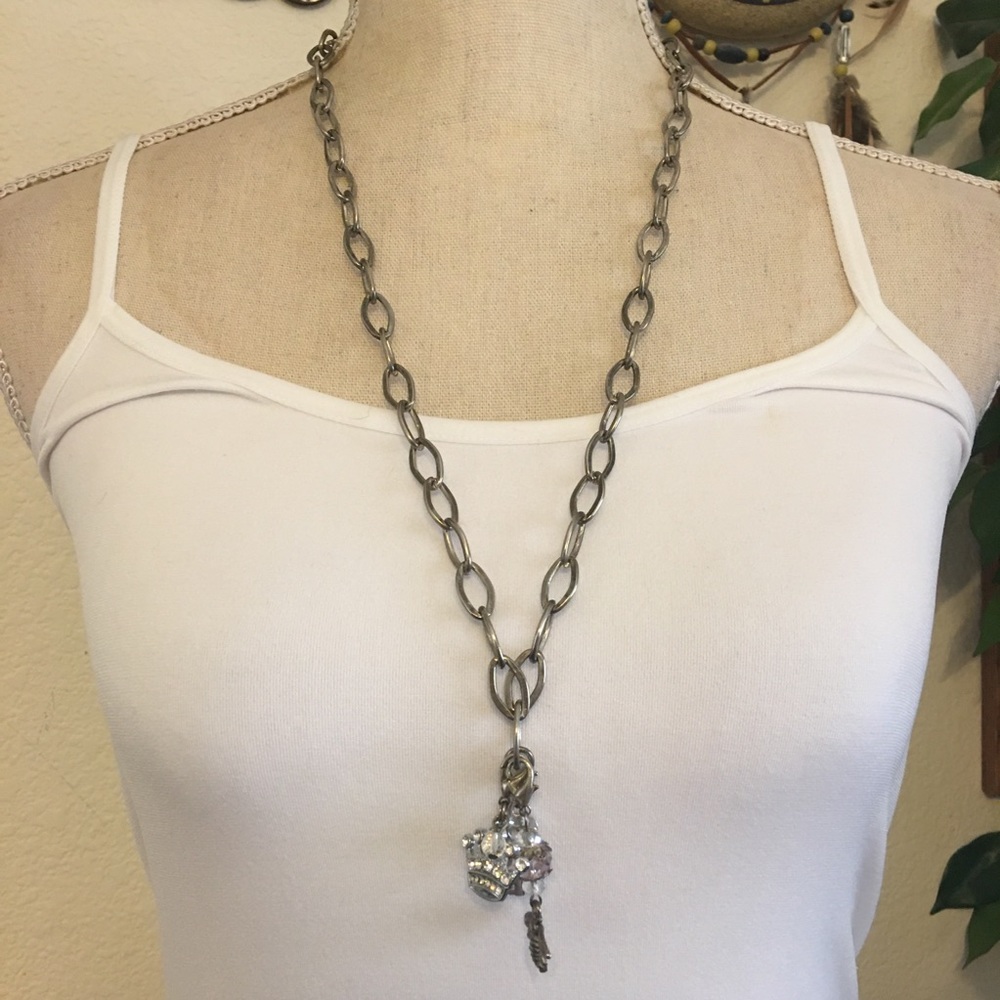 Matte silver tone chain link charm accent necklace